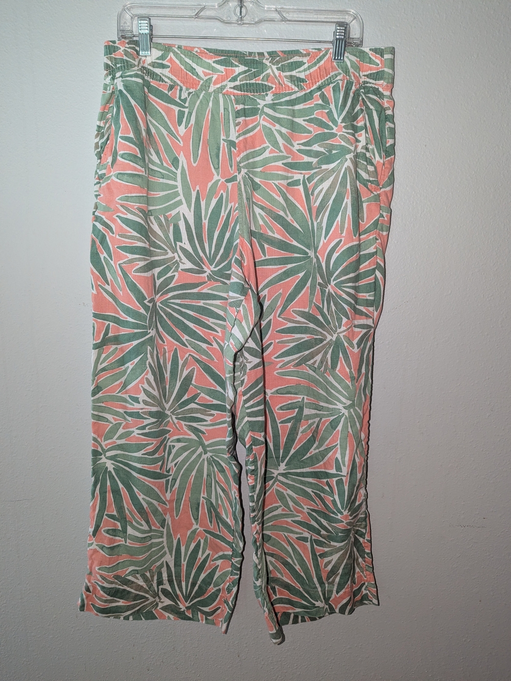Sigrid Olsen 100% Linen Tropical Palm Print Cropped Wide Leg Pants Size Large